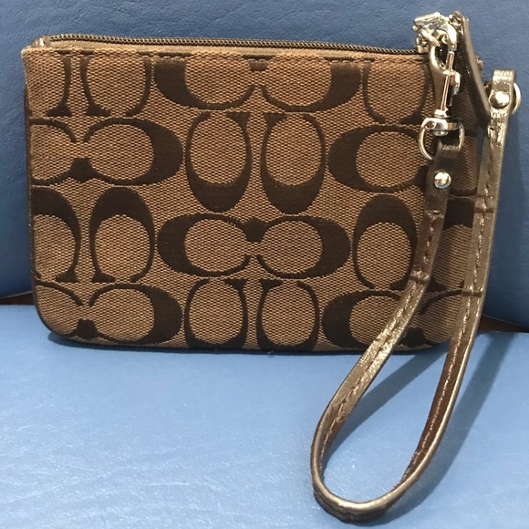 Coach brown signature w/leather trim wristlet - Picture 2 of 14